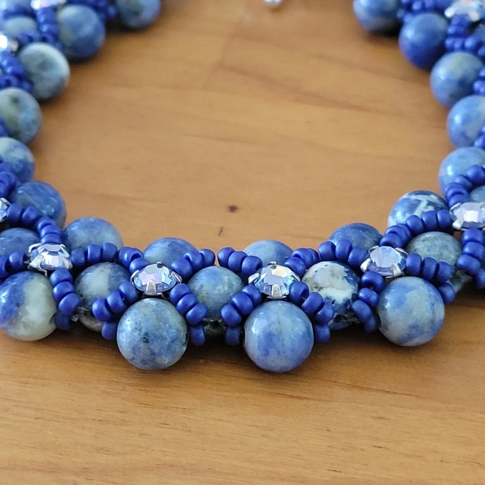 Intricate Blue Stone Seed Bead Bracelet Rhinestone Toggle Woven 21g